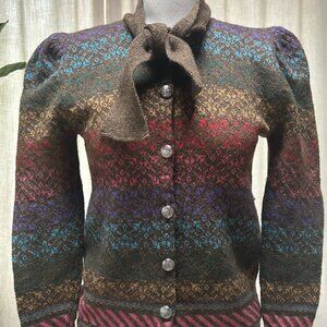 Vintage Cullinane Wool Cotton Fair Isle Colorful Bow Tie Cardigan Sweater, M